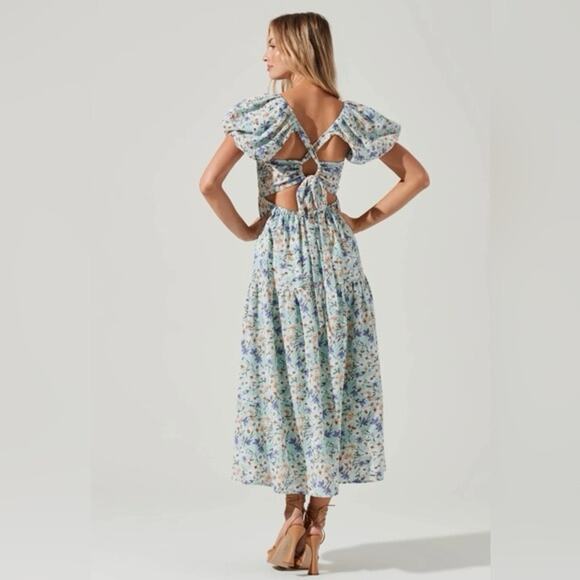 ASTR THE LABEL | Women’s Puff Sleeve Floral Cotton Midi Dress Bubble Blue Spring - Picture 2 of 12